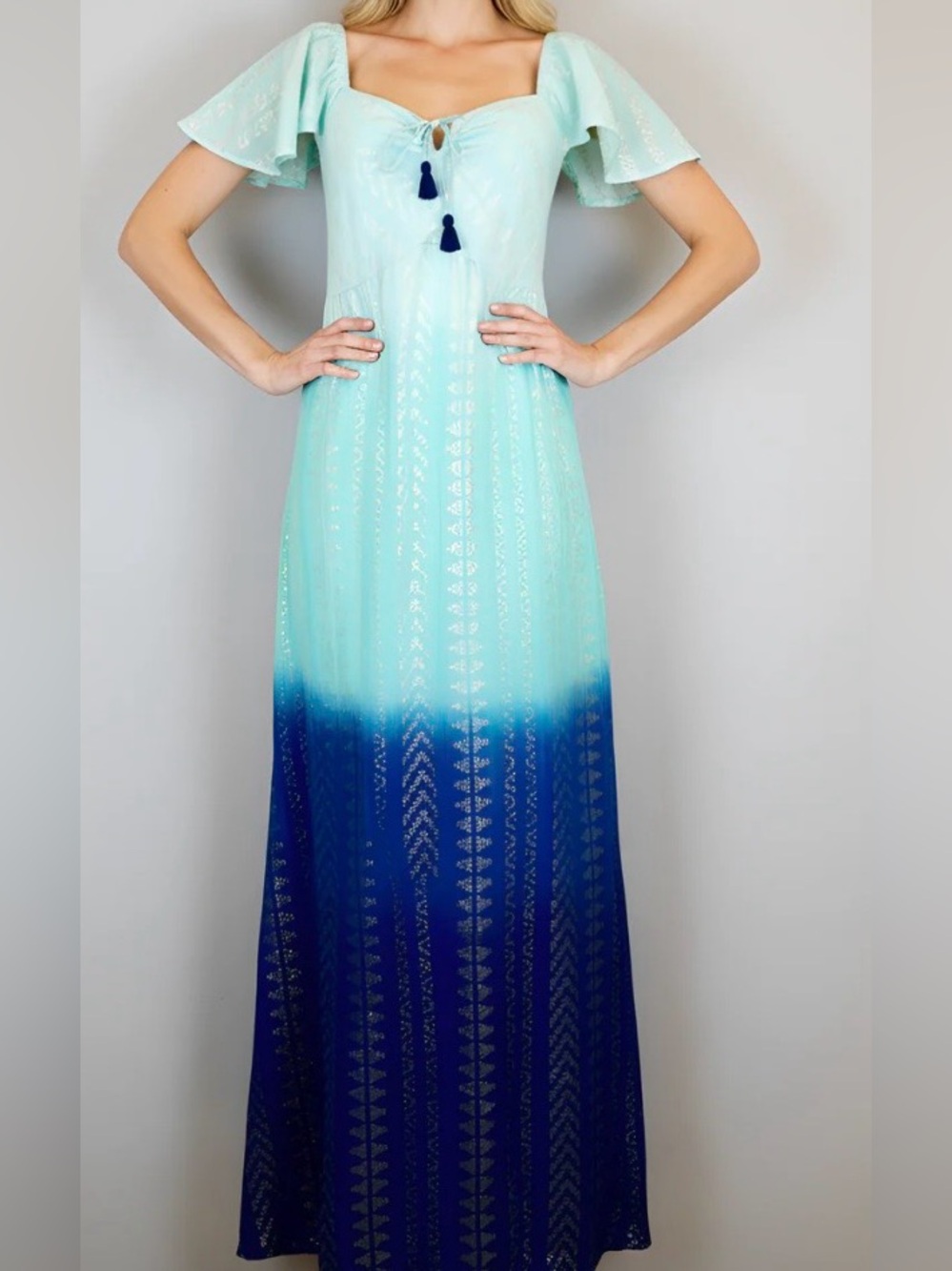 La Plage Green Blue Ombre Gold Metallic Aztec Cotton Tassel Women's Maxi Dress